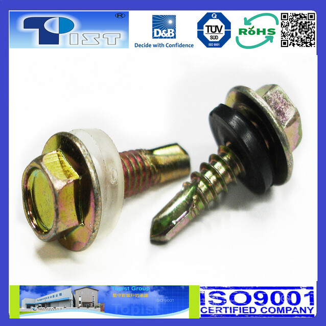 Hex Flange Washer Head, Self Drilling Screw, Yellow Zinc Plated, With White/Black EPDM