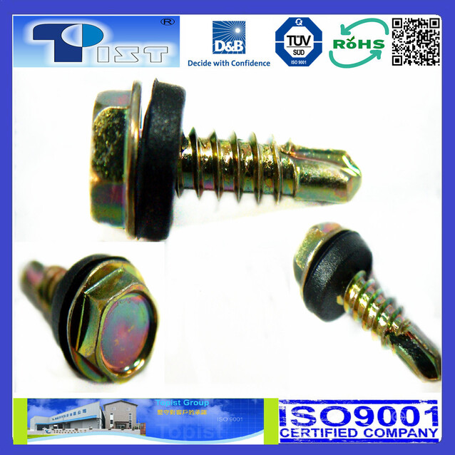 Hex Washer Head, Self Drilling Screw, Yellow Zinc Plated, With Black EPDM